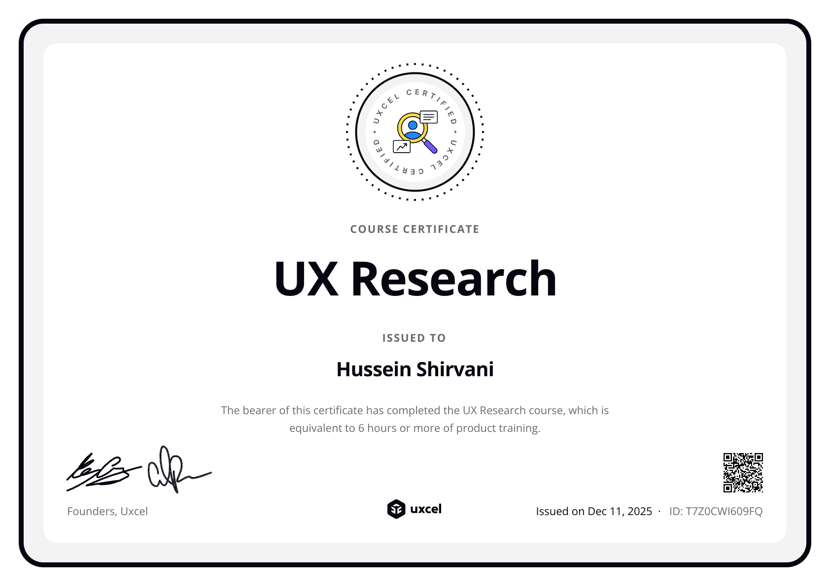 Hussein Shirvani's certificate